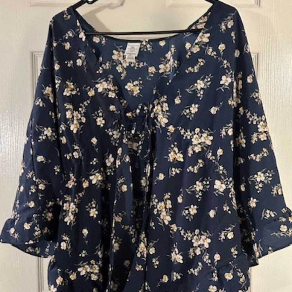 Womens L/XL Navy Blue with Flowers Tie Front CoverUp